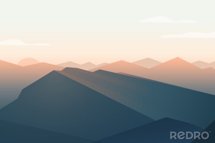 Tableau  Paysage de montagnes. Le coucher du soleil