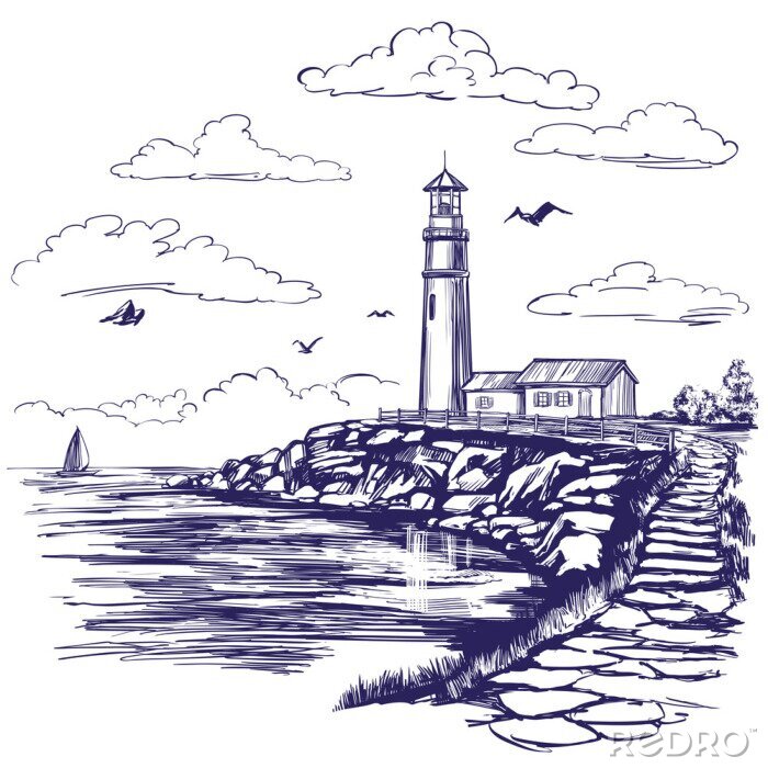 Tableau  paysage de phare et mer dessinés à la main vector illustration croquis