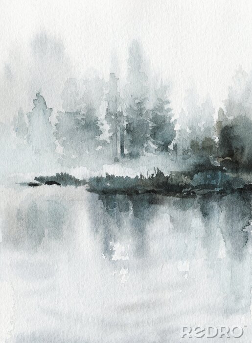 Tableau  Paysage néo-noir. Bleu rivière / lac / mer / océan avec les montagnes et la forêt dans le brouillard - aquarelle dessinée à la main dans un style minimaliste. Scène pré-faite, fond.