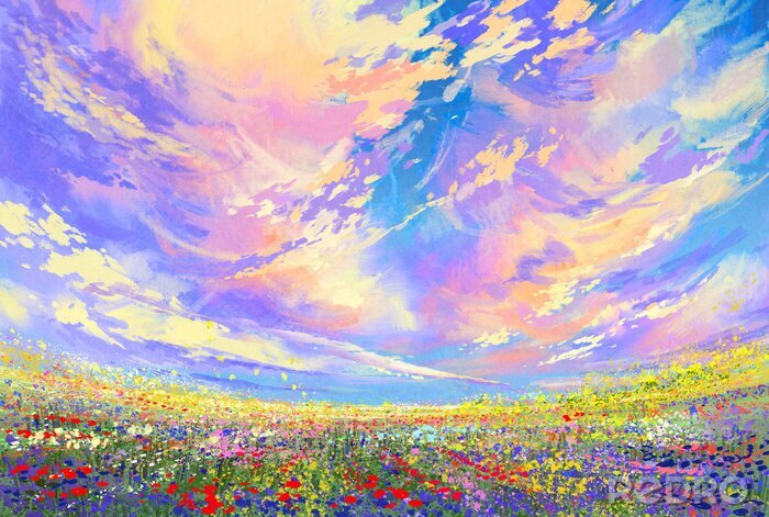 Tableau  Paysage, peinture, coloré, fleurs, champ, beau, nuages
