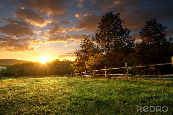 Tableau  Paysage pittoresque, ranch clôturé au lever du soleil