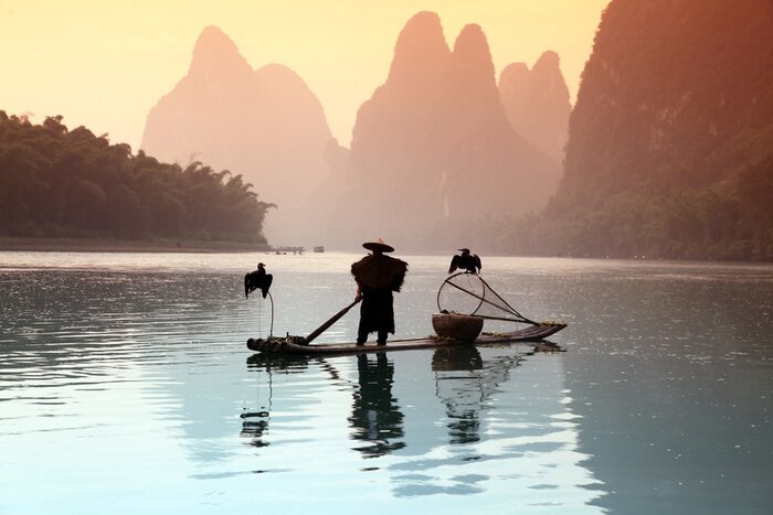 Tableau  Pêcheur asiatique avec cormorans