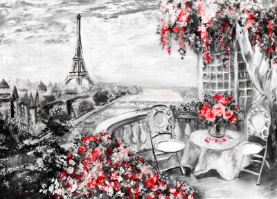 Poster  Peinture à l'huile, café d'été à Paris. Doux paysage de la ville. Résumé fleur. Vue depuis le balcon. Tour Eiffel, France, fond d'écran. art moderne