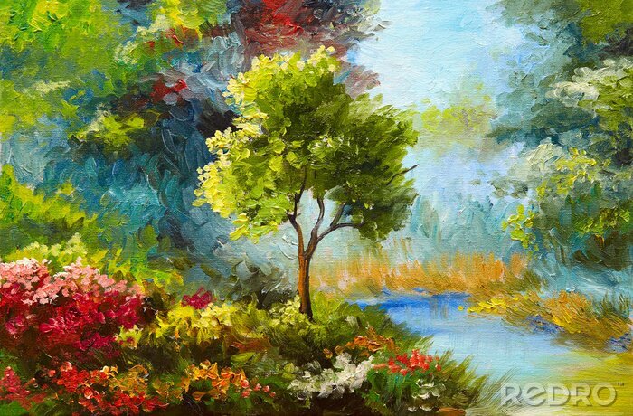 Tableau  Peinture à l'huile, fleurs et arbres près de la rivière, coucher de soleil