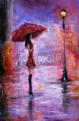 Tableau  Peinture à l'huile originale montrant la belle jeune femme dans le rouge, tenant le parapluie rouge près d'une lampe de rue sur la toile. Impressionnisme moderne, modernisme, marinisme