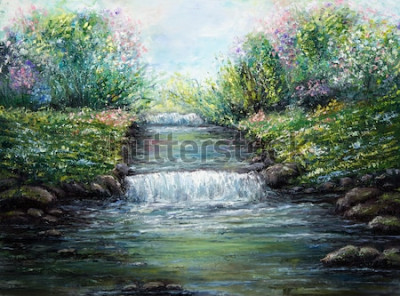 Tableau  Peinture à l'huile originale montrant la rivière de printemps et les fleurs sur la toile. Impressionnisme moderne, modernisme, marinisme