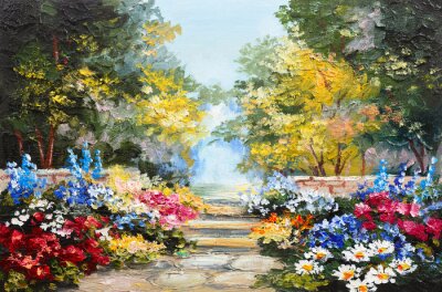 Tableau  Peinture à l'huile paysage - forêt colorée d'été, de belles fleurs