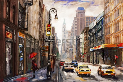 Tableau  peinture à l'huile sur toile, vue sur la rue de New York, taxi jaune, oeuvre d'art moderne, ville américaine, illustration New York