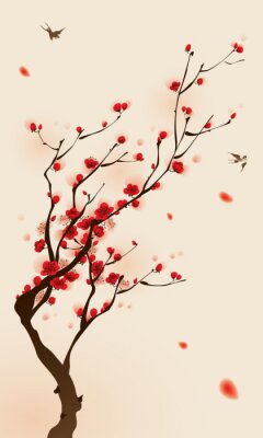 peinture de style oriental, fleur de prunier au printemps