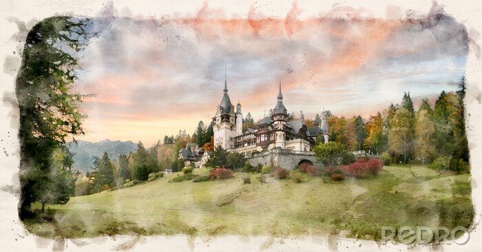 Tableau  Peles Castle in Sinaia, Romania in watercolor style illustration. Landmark of Carpathian Mountains in Europe