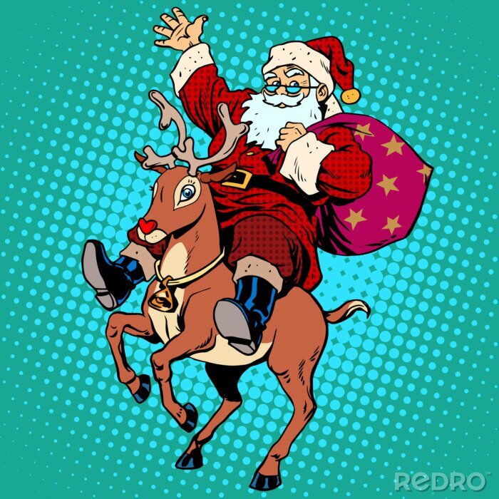 Tableau  Père Noël avec des cadeaux de Noël renne Rudolf