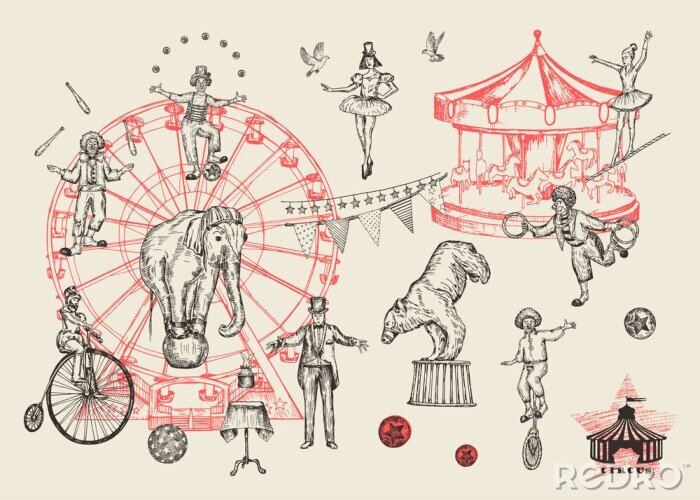 Tableau  Performances de cirque rétro mis illustration vectorielle de croquis stile. Imitation dessinée à la main. Humain et animaux.
