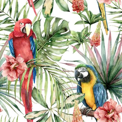 Tableau  Perroquets et hibiscus colorés