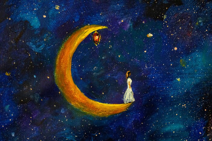 Tableau  Petite fille en robe blanche sur la Lune
