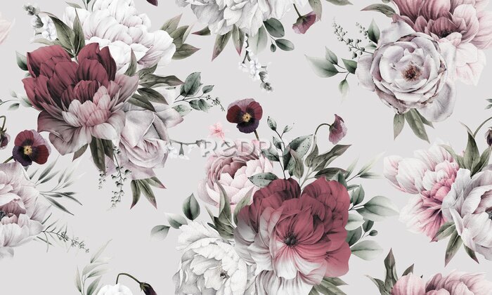 Tableau  Petits bouquets de pivoines sur fond gris