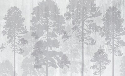 Photo wallpapers for the interior. Wall decor in grunge style. The forest is in a fog. A fresco depicting a forest.