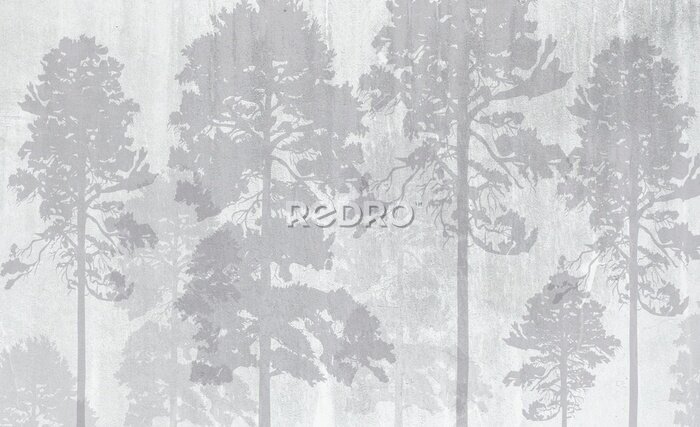 Tableau  Photo wallpapers for the interior. Wall decor in grunge style. The forest is in a fog. A fresco depicting a forest.