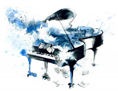 Piano bleu peint à l'aquarelle