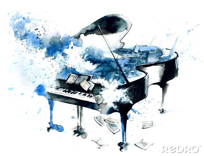 Tableau  Piano bleu peint à l'aquarelle
