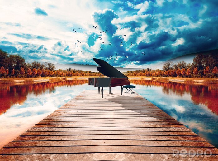 Tableau  Piano en la naturaleza.Paisaje surreal de arboles y lago.Concepto de música relajada y tranquila de piano