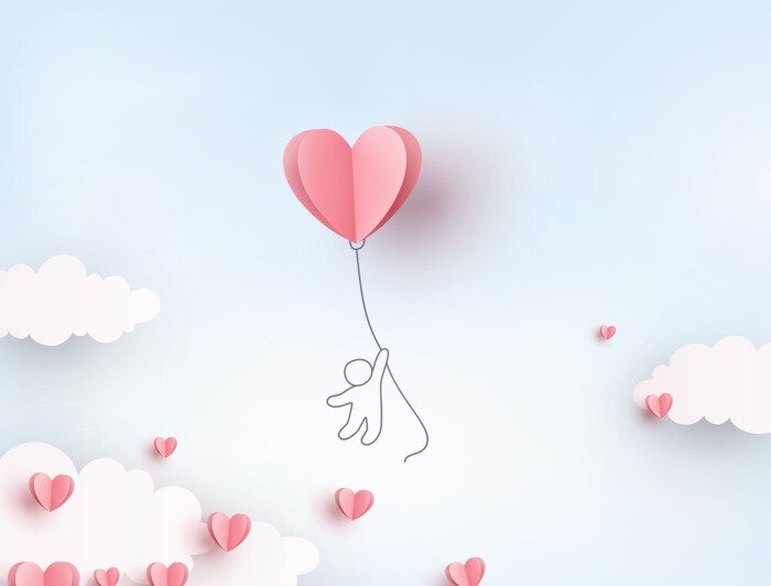 Tableau  Pink heart flying balloon with man on blue sky background. Vector love postcard for Happy Mother's, Valentine's Day or birthday greeting card design..
