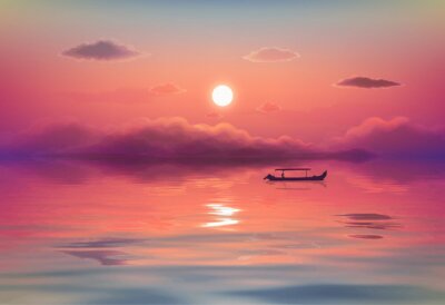 Tableau  Pink ocean sunset vector illustration with black lonely fishing boat silhouette, purple clouds and reflection in calm wavy water