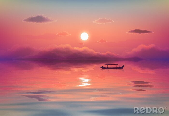 Tableau  Pink ocean sunset vector illustration with black lonely fishing boat silhouette, purple clouds and reflection in calm wavy water