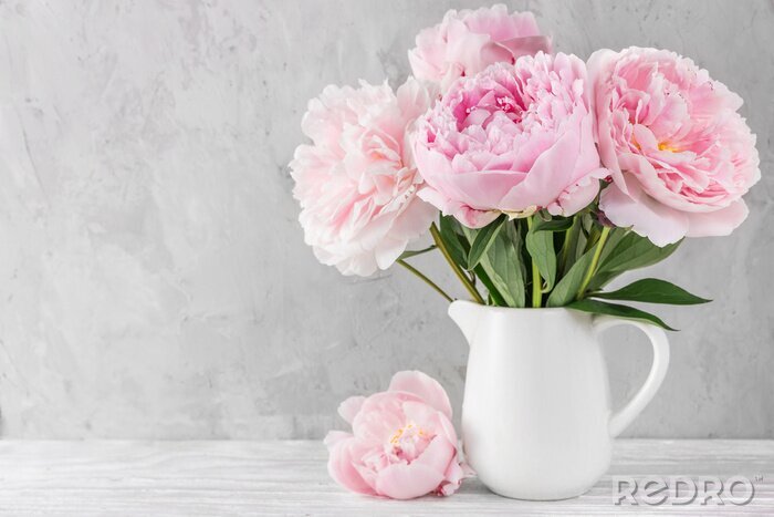 Tableau  pink peony flowers bouquet on white background with copy space. still life. womens day or wedding concept