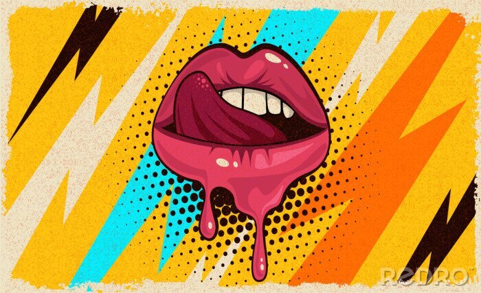 Tableau  Pink, red lips, mouth and tongue  icon on pop art retro vintage colorful background. Trendy and fashion color illustration easy editable for Your design of poster and banner. 