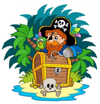 Pirate avec coffre au trésor illustration pour enfants