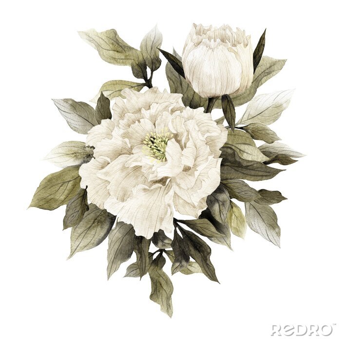 Tableau  Pivoines blanches peintes avec la technique de l'eau