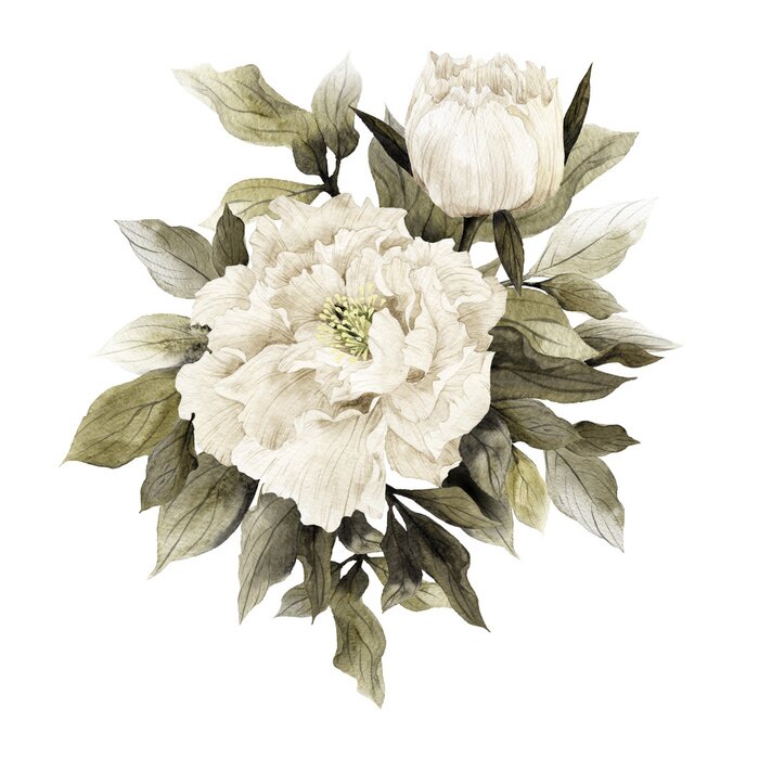 Tableau  Pivoines blanches peintes avec la technique de l'eau