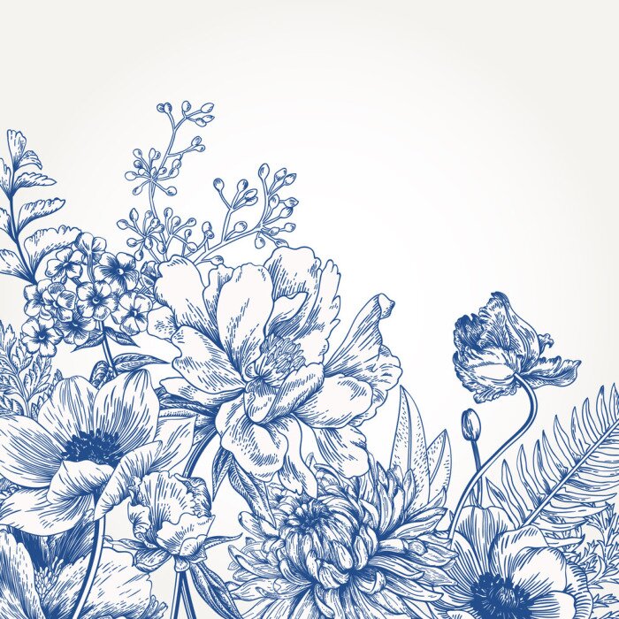 Tableau  Pivoines et plantes des champs dessinées avec une ligne bleue
