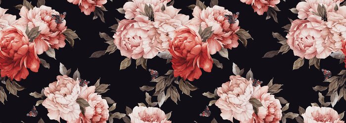 Tableau  Pivoines rose rouge sur fond noir