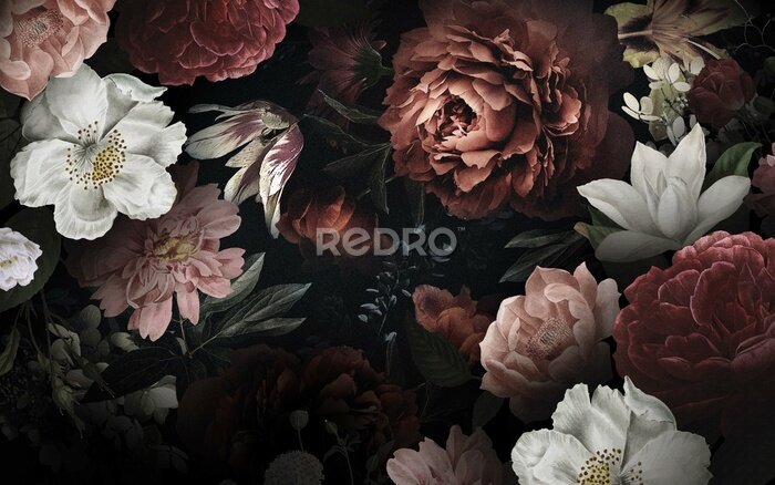 Tableau  Pivoines, Roses et Autres Fleurs sur un Fond Noir
