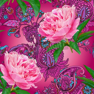 Tableau  Pivoines sur un fond à motifs