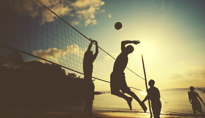 Tableau  Plage, volley-ball, Coucher soleil, plaisir, concept