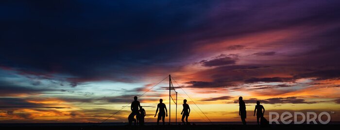 Tableau  Plage, volley-ball, silhouette, Coucher soleil
