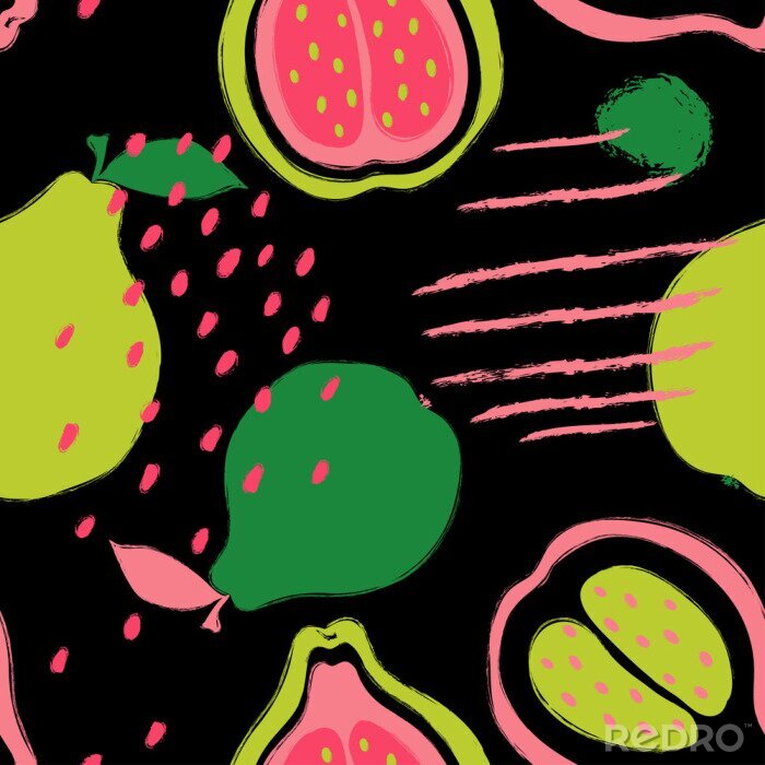 Tableau  Poires sur fond noir avec des formes géométriques