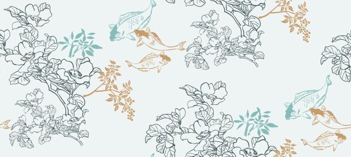 Tableau  Poissons et fleurs orientaux japonais