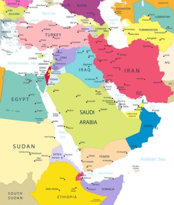 Tableau  Politique, carte, Moyen-Orient, Asia, isolé, blanc