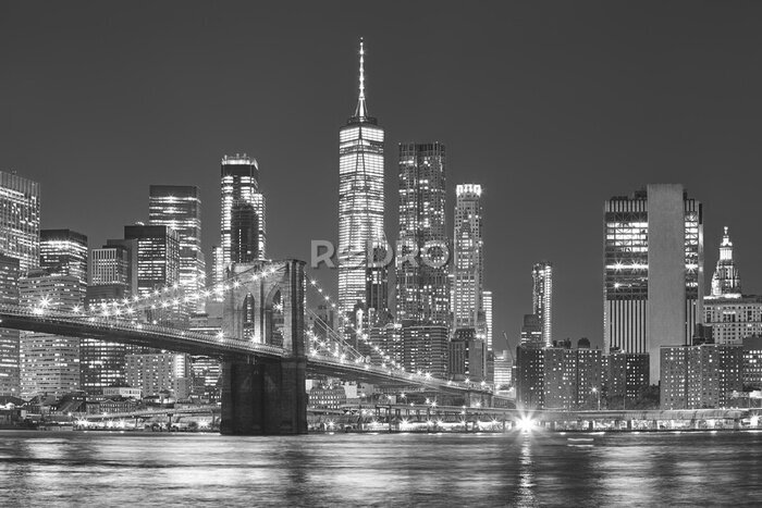 Tableau  Pont de Brooklyn et Manhattan vue nocturne en noir et blanc