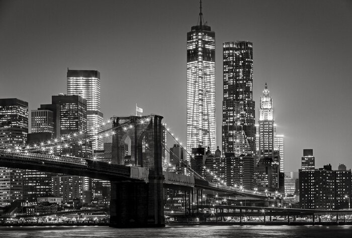 Tableau  Pont de Brooklyn la nuit en noir et blanc