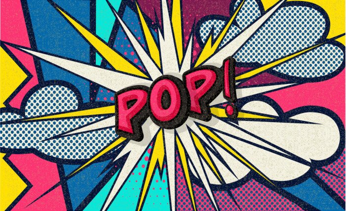 Tableau  Pop! Pop art funny comic speech word. Fashionable poster and banner. Social Media Connecting Blog Communication Content. Trendy and fashion color retro vintage illustration background. Easy editable.