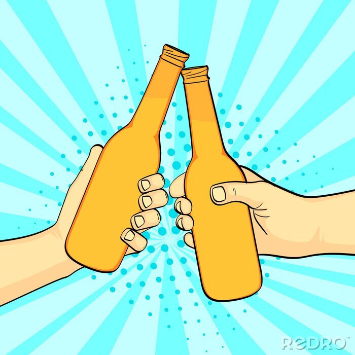 Tableau  Pop art background, summer color. Two friends knock a bottle of beer. Two beers. Imitation comic style. Raster