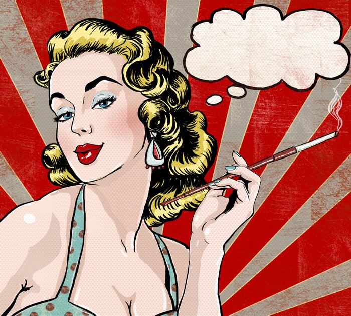 Tableau  Pop Art Femme avec la bulle et de cigarettes.