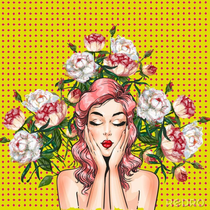 Tableau  Pop-up pop art vecteur avec des fleurs de pivoine