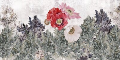 Poppies flowers illustration. Poppies painted on the grunge wall. Beautiful design for card, postcard, picture, mural, wallpaper, photo wallpaper.