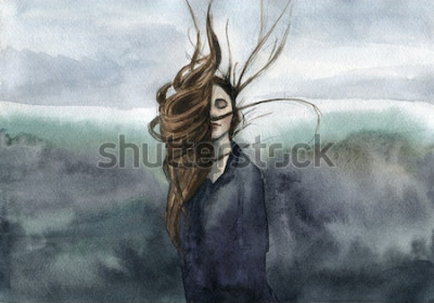 Tableau  Portrait à l'aquarelle d'une femme dans le vent