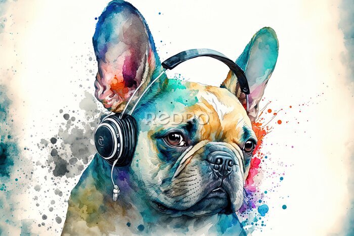 Tableau  Portrait aquarelle de Bouledogue Français coloré